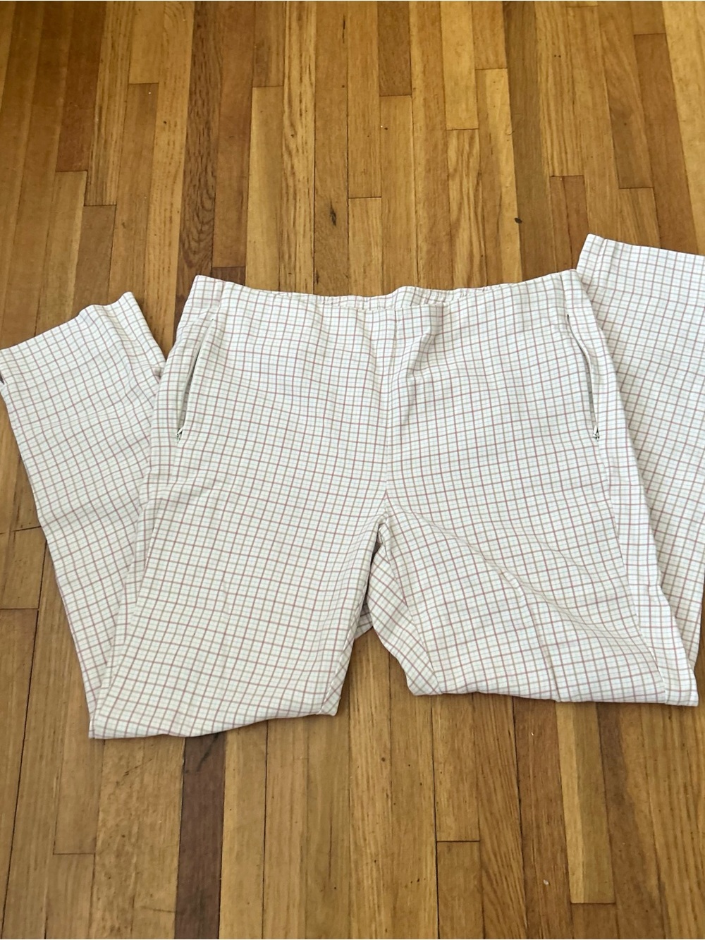 ESSENTIAL
COTTON-STRETCH, Womans Cream Plaid Dress Pants, Sz 12